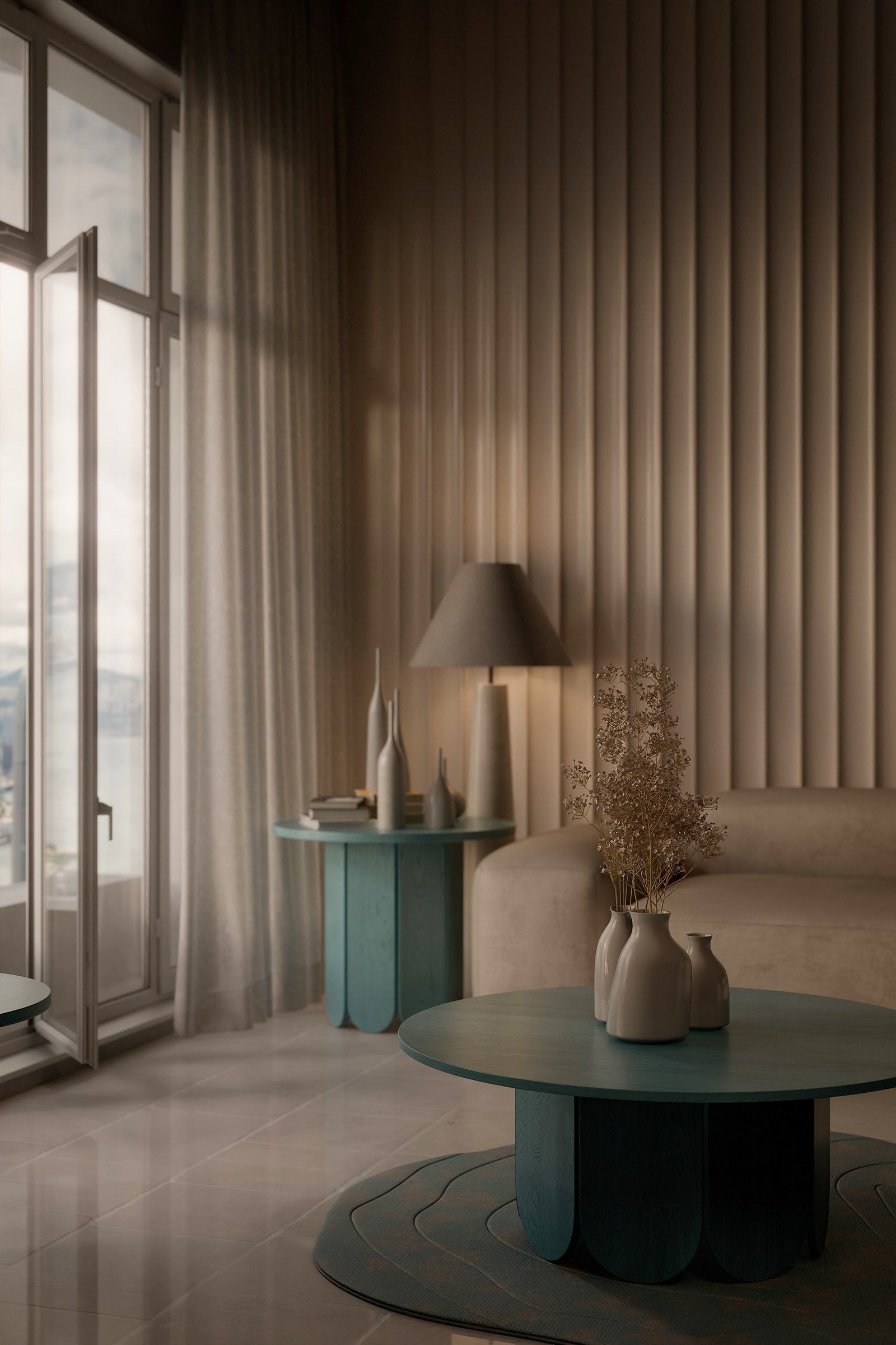 Teal Salon, view 2: Fluted walls, sheer curtains and a teal table.