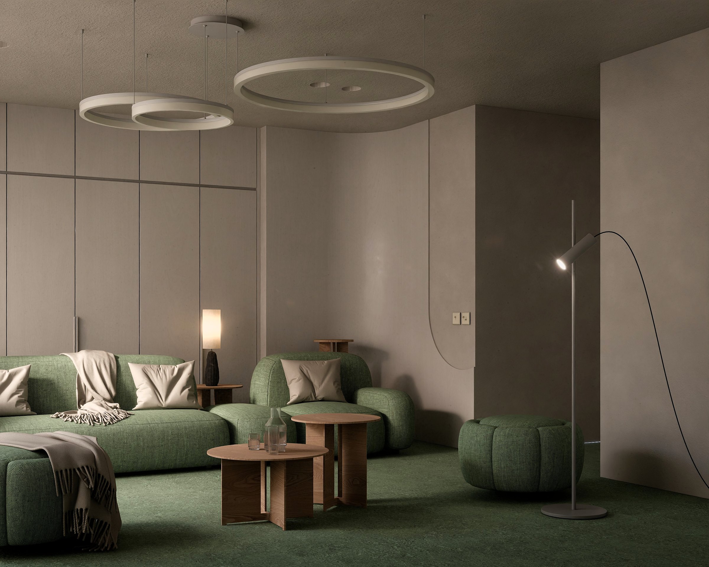 Green Room, view 4: Green upholstery, ring lamps and a glass-block window.