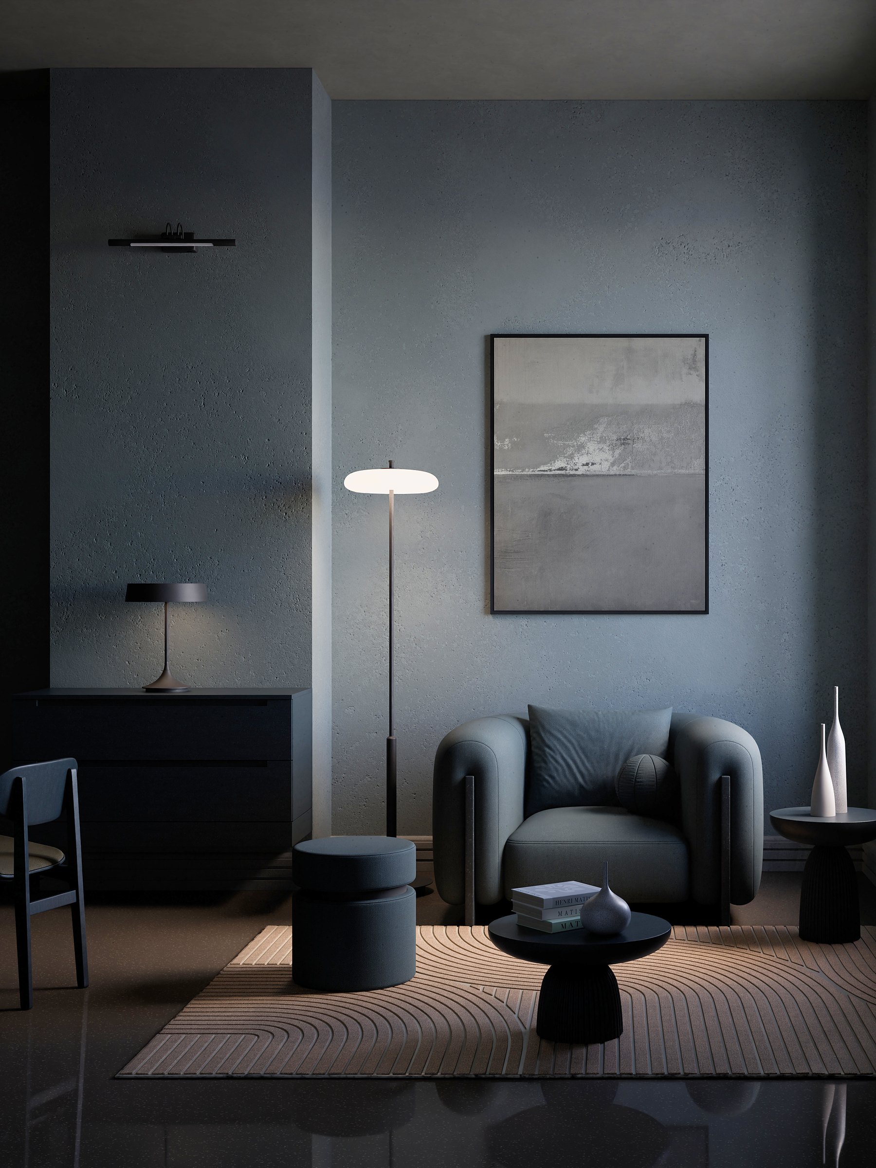 Night Table, view 3: A dark dining room lit by one white pendant.